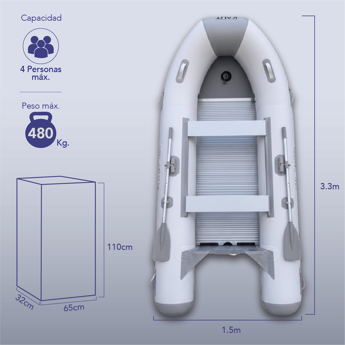 Bote Inflable 3.3 m - Piso alumnio - 4 personas - Gral. Carrera