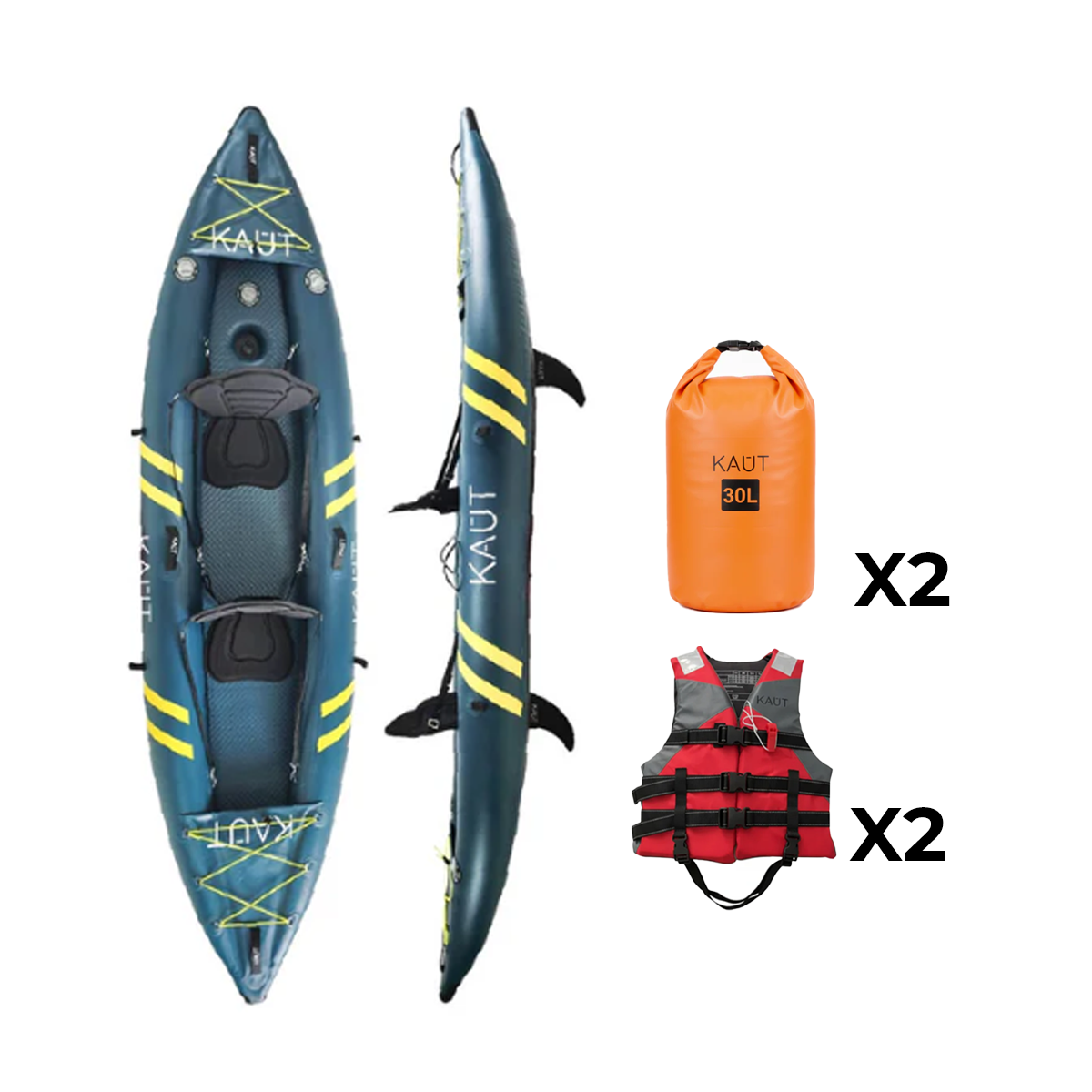 Pack Kayak Cautin (1 o 2 personas) + 2x Salvavidas + 2x Bolsas Secas 30 L
