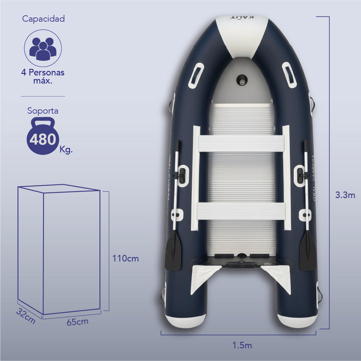 Bote Inflable 3.3 m - Piso alumnio - 4 personas - Gral. Carrera