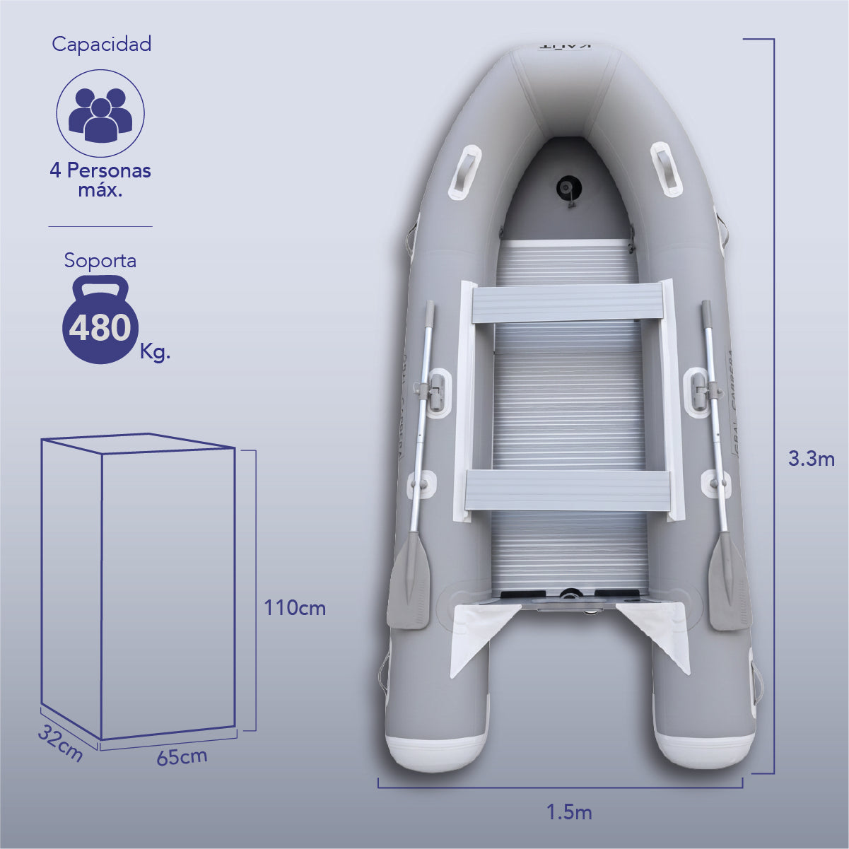 Bote Inflable 3.3 m - Piso alumnio - 4 personas - Gral. Carrera