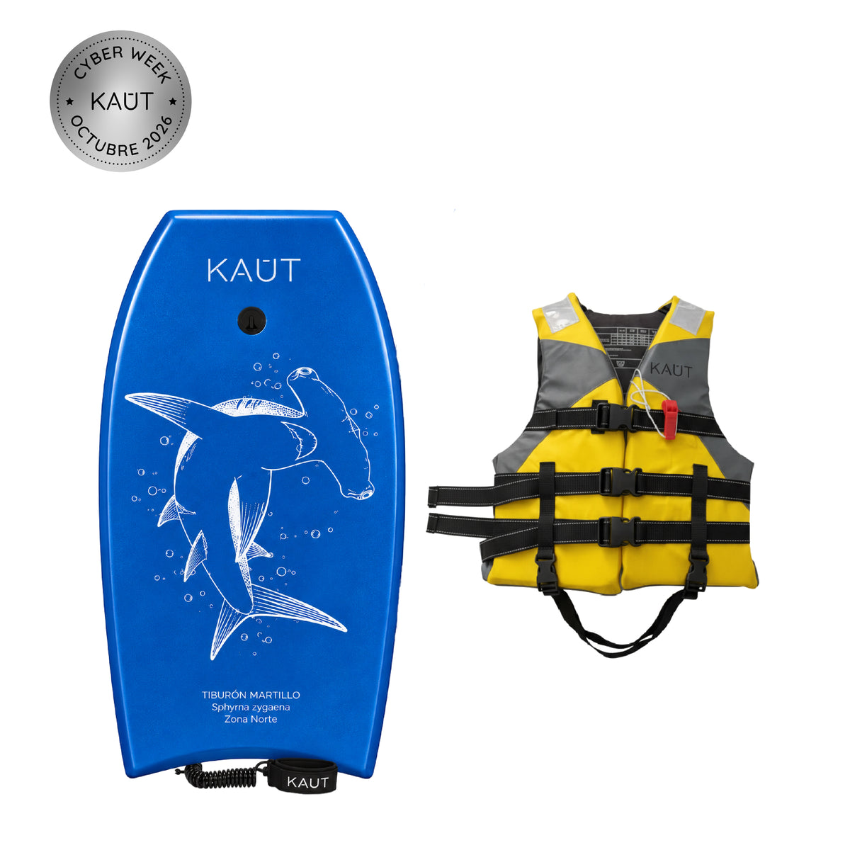 Pack Bodyboard 103 cm Tiburon Martillo Azul + Chaleco Salvavidas Niño