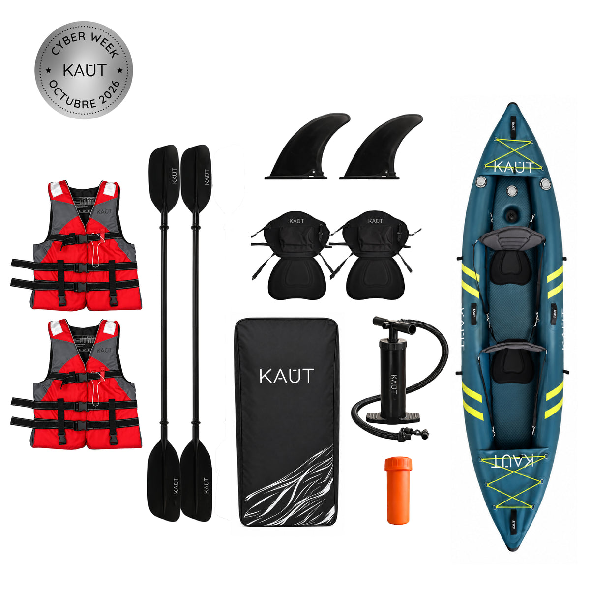 Pack Kayak Inflable Cautín + Mochila & Accesorios + 2 x Chaleco Salvavidas Adulto