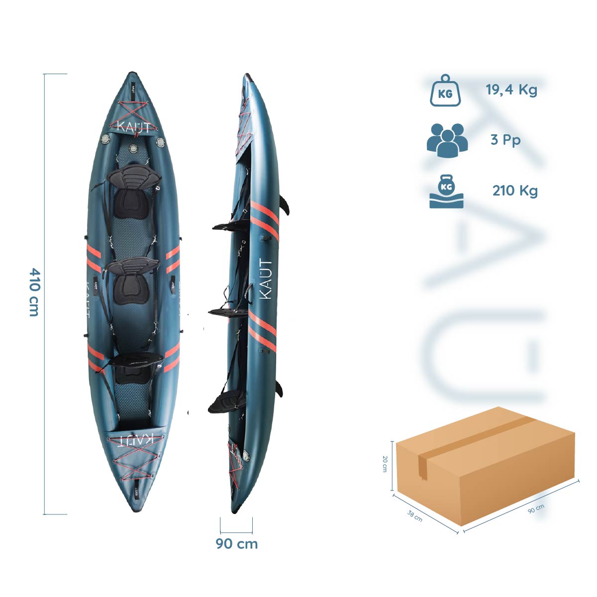 Kayak Inflable Profesional PVC Laminado Triple 2-3 personas 410 cm - Toltén + Mochila & Accesorios + TestDrive Laguna Aculeo