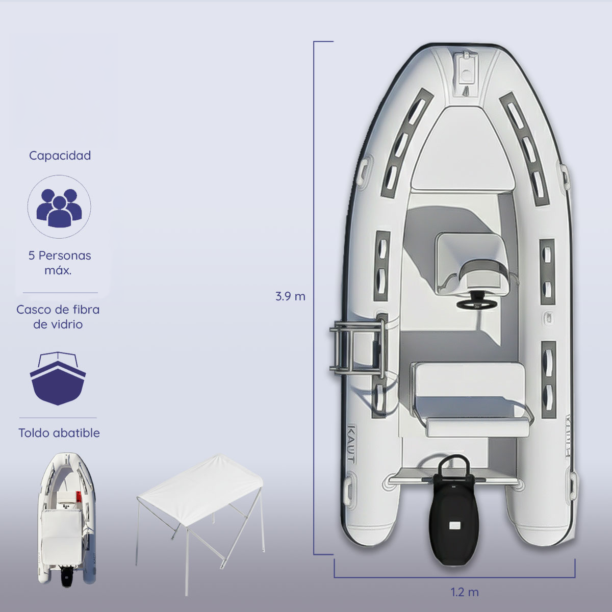 Bote Semirrigido 5 personas 390 cm - Caburga Gris Claro