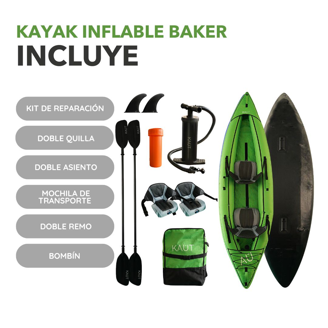 Kayak Inflable Profesional Doble 2 personas 345 cm  - Baker + Mochila & Accesorios + TestDrive Laguna Aculeo