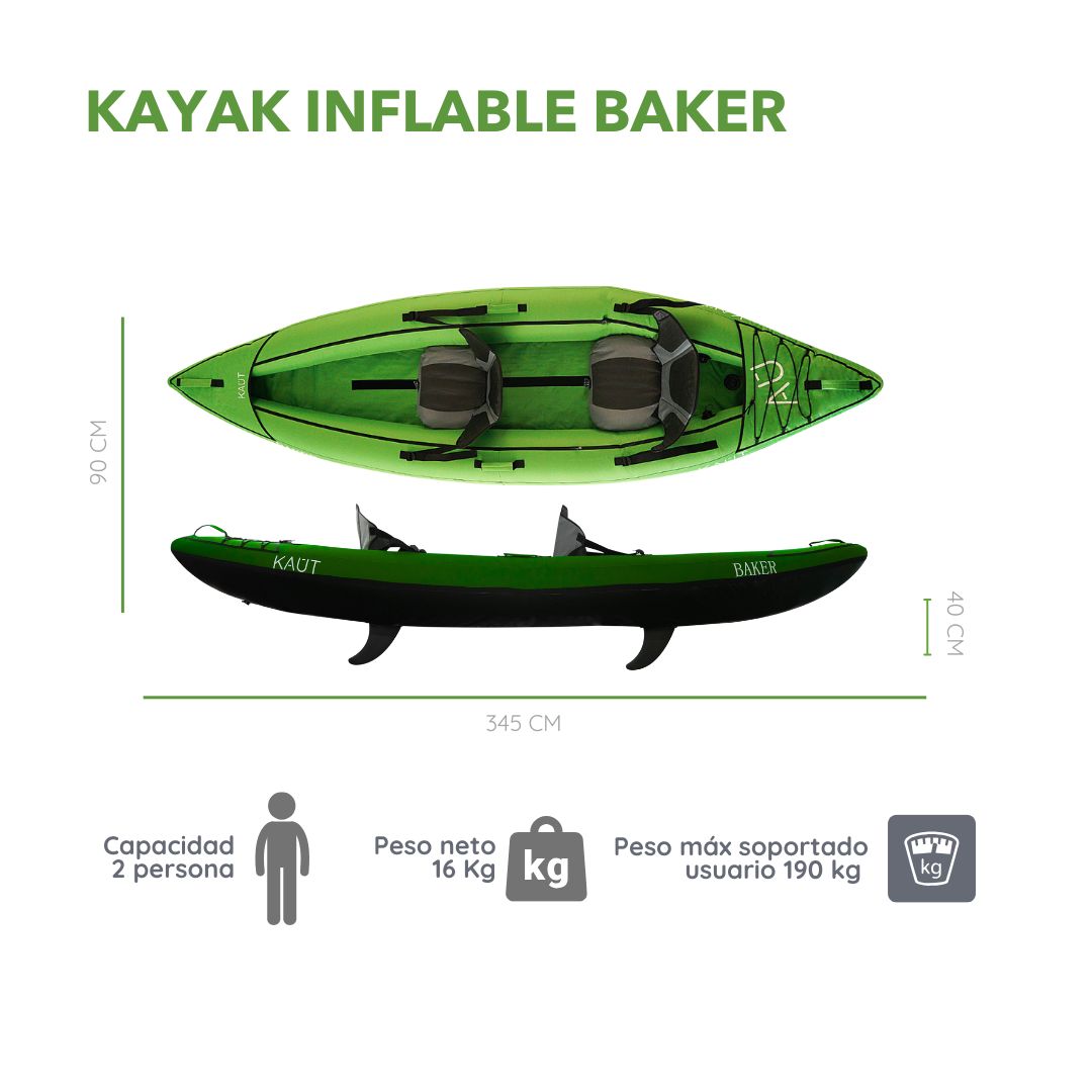 Kayak Inflable Profesional Doble 2 personas 345 cm  - Baker + Mochila & Accesorios + TestDrive Laguna Aculeo