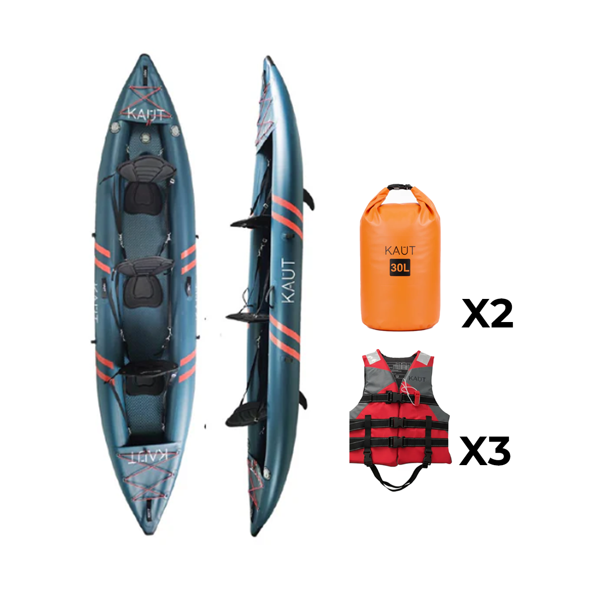 Pack Kayak Inflable Toltén 2 - 3 personas & Accesorios  + 3x Chalecos + 2x Bolsa Seca 30 L