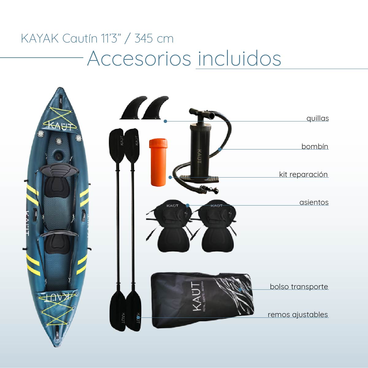 Pack Kayak Cautin (1 o 2 personas) + 2x Salvavidas + 2x Bolsas Secas 30 L