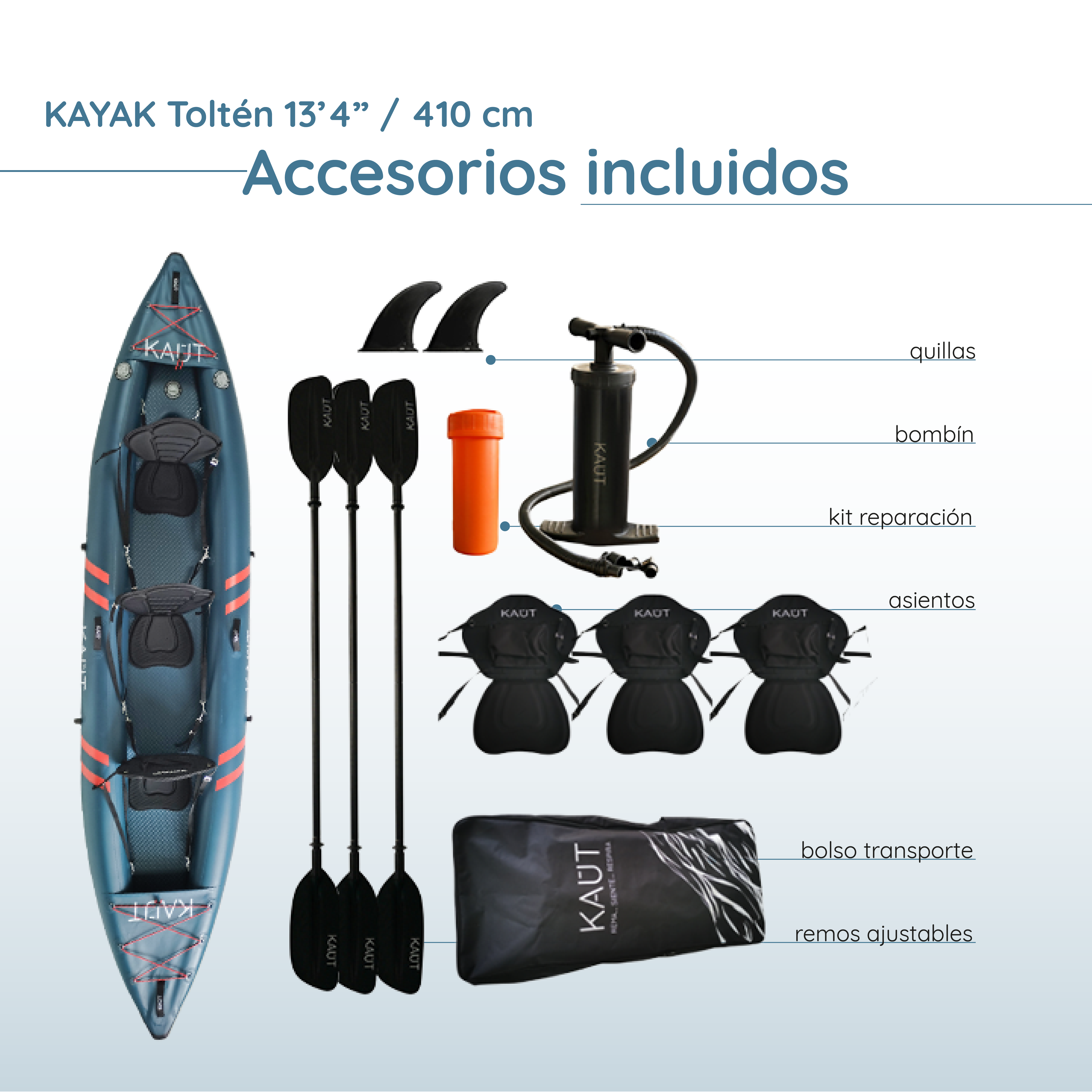 Kayak Inflable Profesional PVC Laminado Triple 2-3 personas 410 cm - Toltén + Mochila & Accesorios + TestDrive Laguna Aculeo
