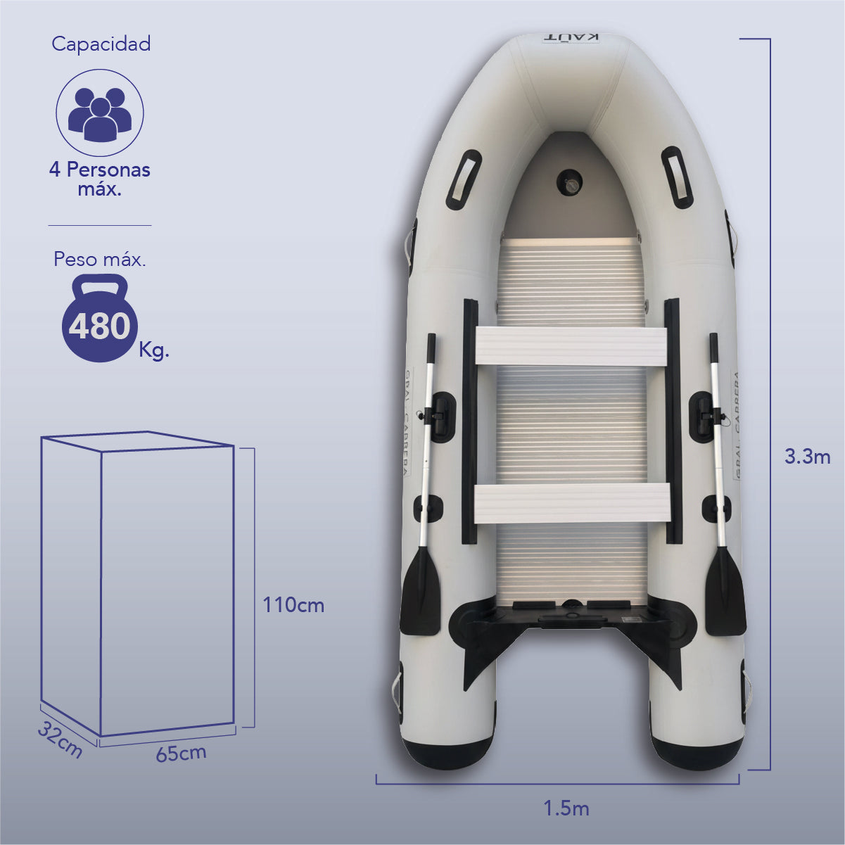 Bote Inflable 3.3 m - Piso alumnio - 4 personas - Gral. Carrera