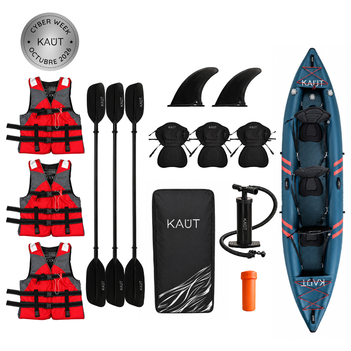 Pack Kayak Inflable Toltén + Mochila & Accesorios + 3 x Chaleco Salvavidas Adulto