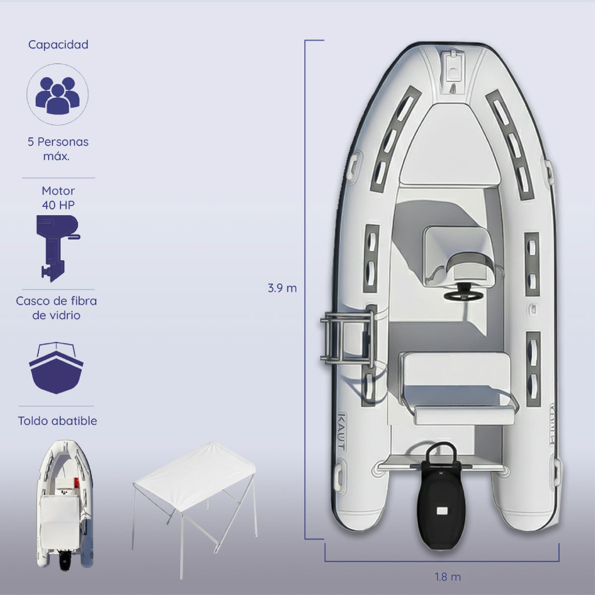 Pack: Bote Semirrígido 5 personas + Motor Hidea 40 hp 2 tiempos + Carro Arrastre Aluminio